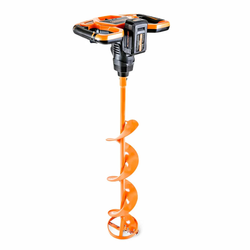 Orange and black Superhandy Ice auger drill bit on a white background