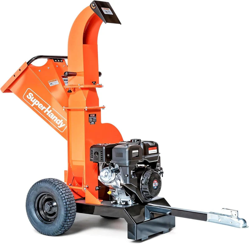 Orange wood chipper with visible 'SuperHandy' branding on a white background
