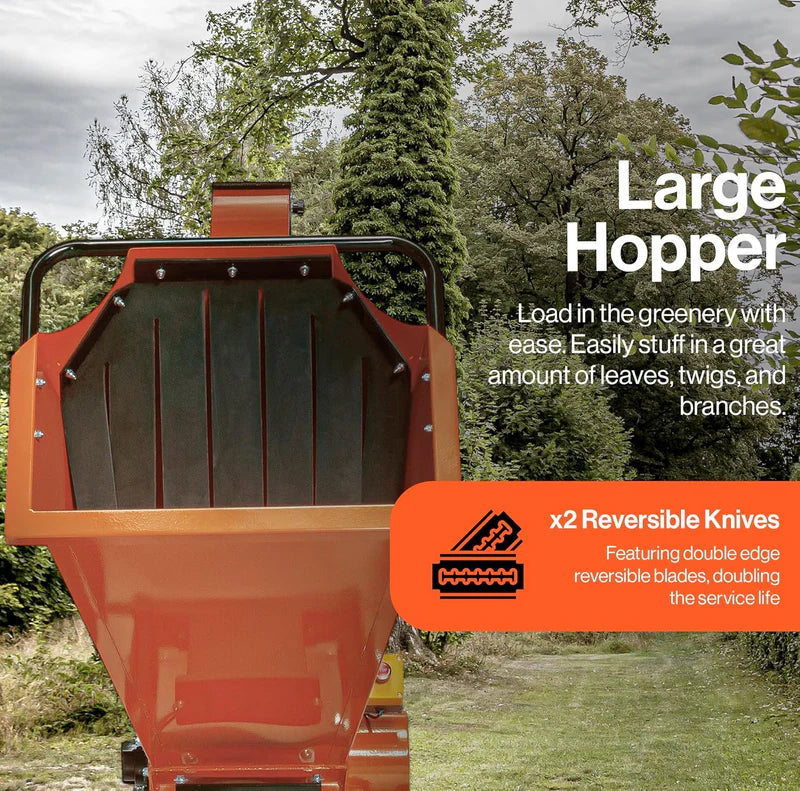 Orange garden shredder with text highlighting features like a large hopper and reversible knives, set against a natural background.