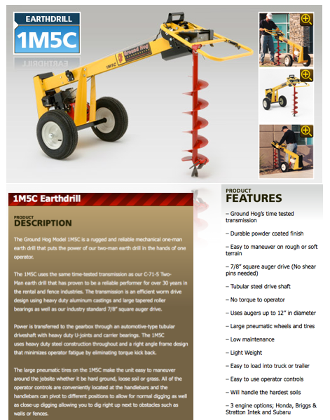 Earth drill with features and specifications on a gray background