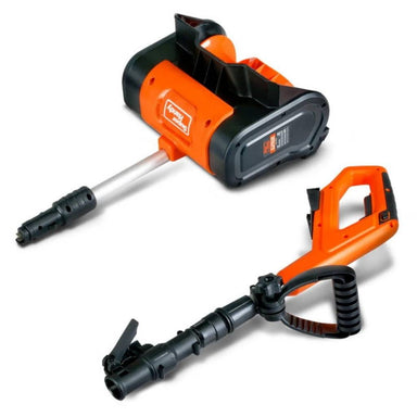 Orange and black superhandy 20v snow blower on a white background