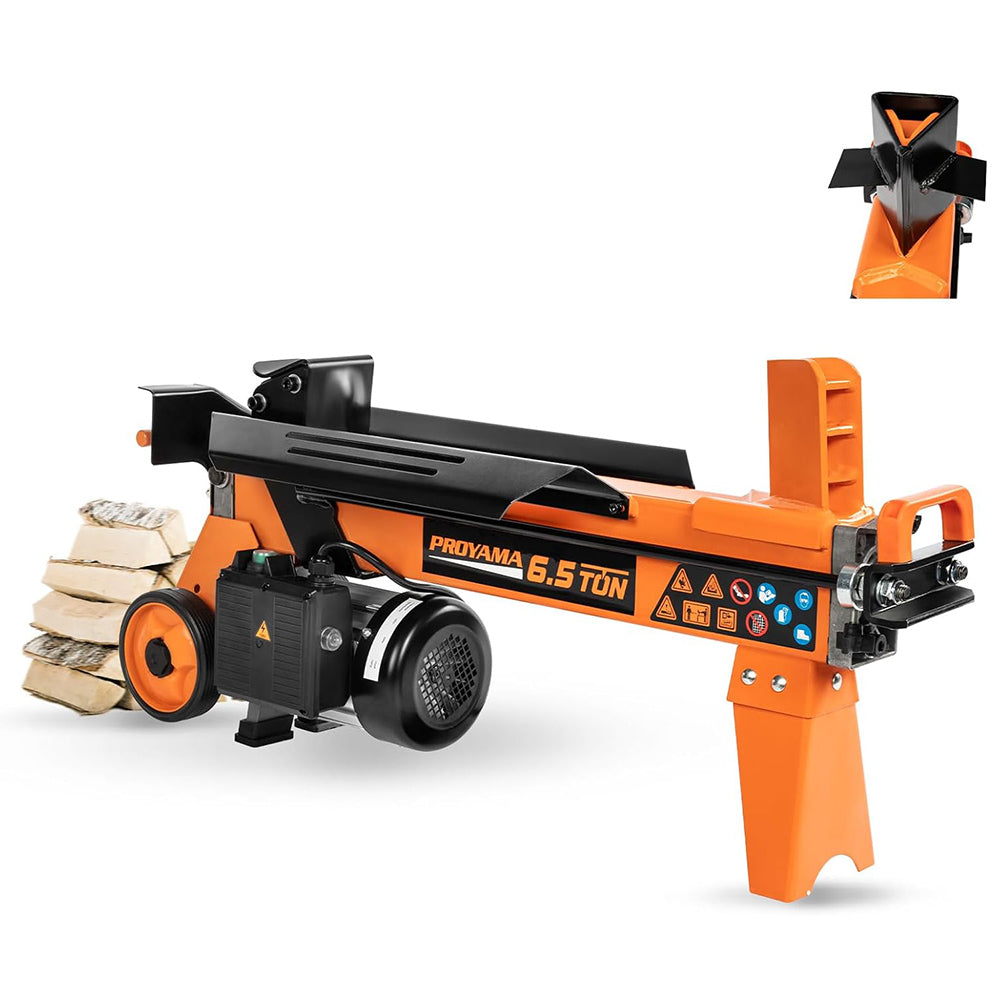 Orange and black Proyama log splitter with wood on a white background