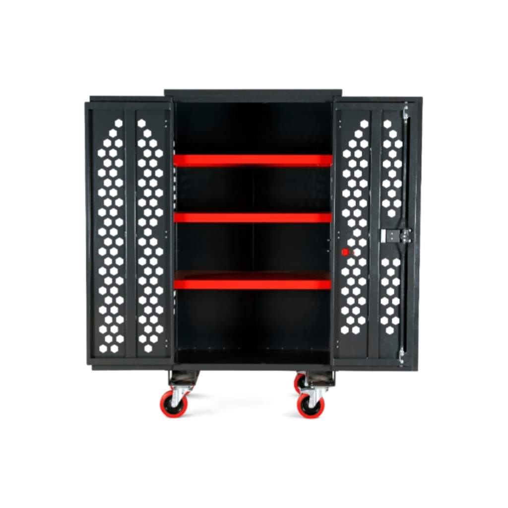 Black armorgard fittingstor fc6 with open doors showing red interior shelves on a white background