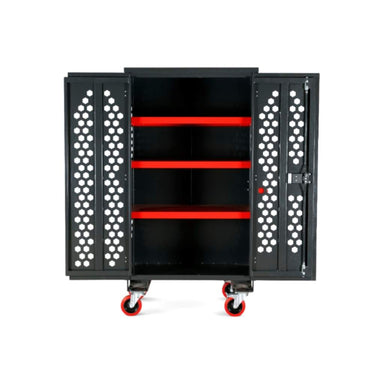 Black armorgard fittingstor fc6 with open doors showing red interior shelves on a white background