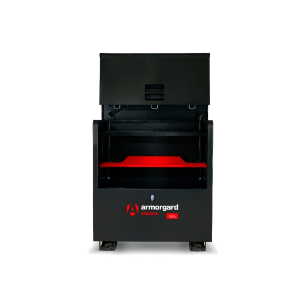 Black armorgard piano box with open lid on a white background, featuring the Armorgard logo.