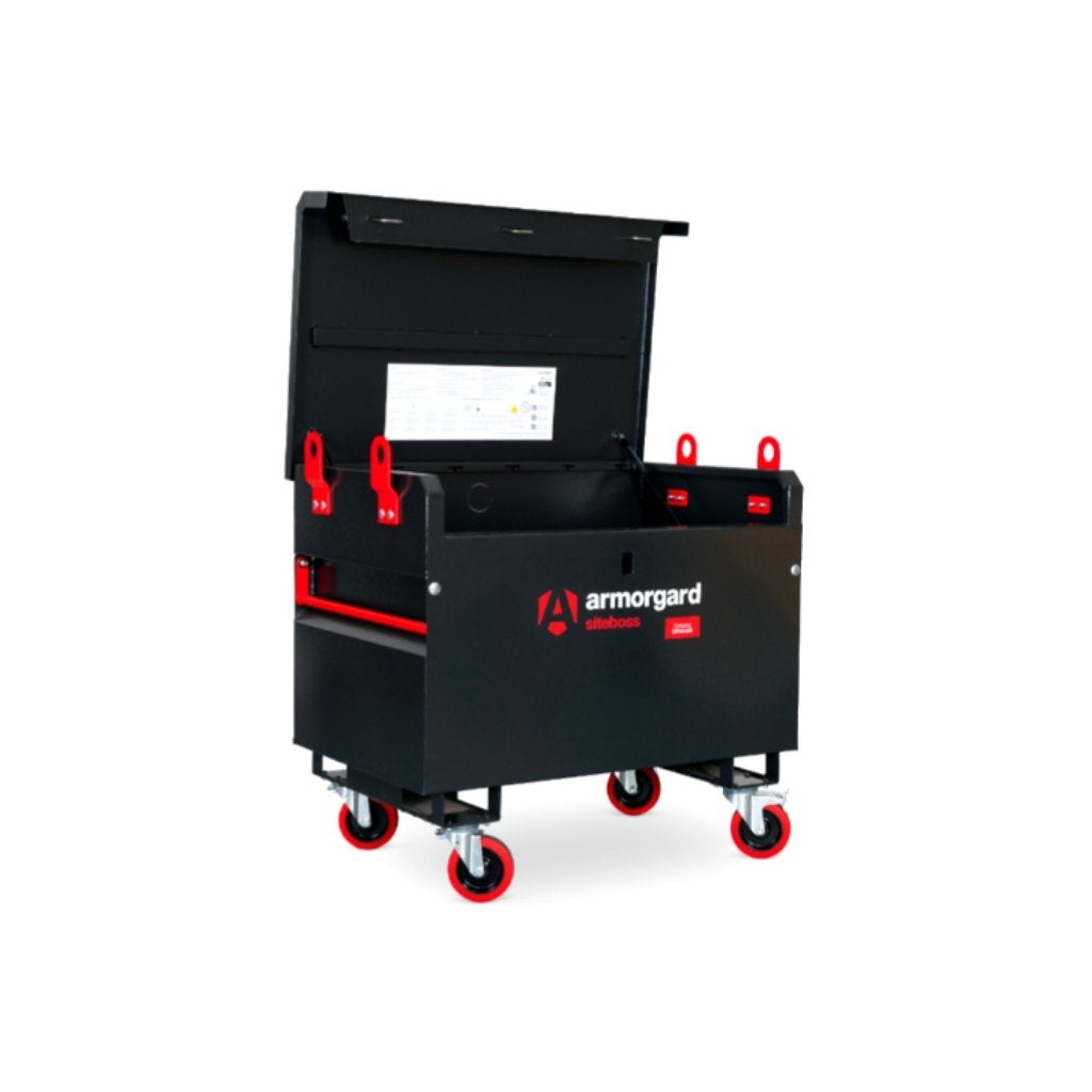 Black Armorgard siteboss chest with red accents on wheels, featuring the Armorgard logo.