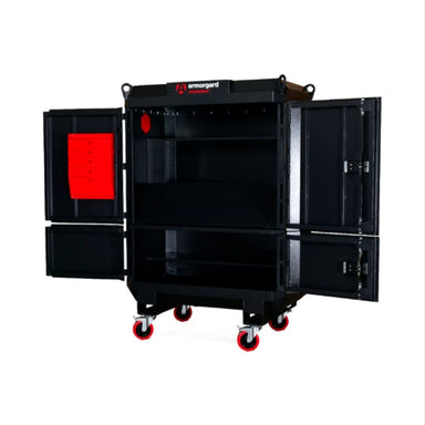 Black Armorgard sitestation with open doors on a white background