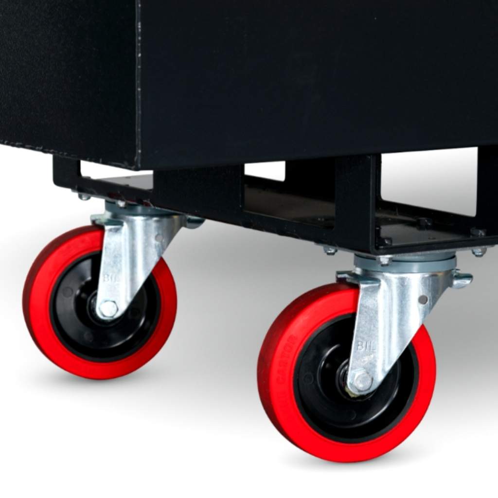 Close-up of a black Armorgard siteboss chest sb24 with red wheels on a white background