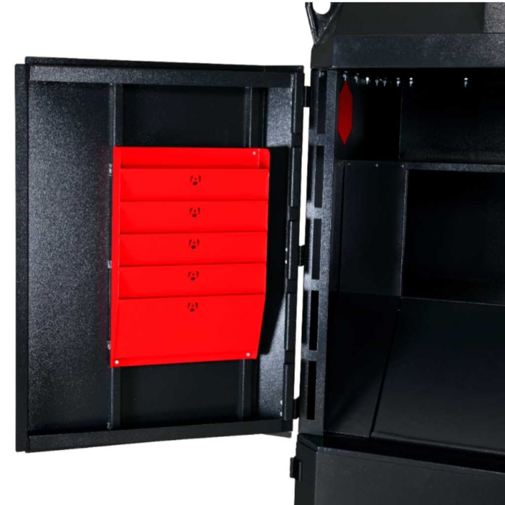 Black Armorgard site station with open door revealing red drawers on a white background