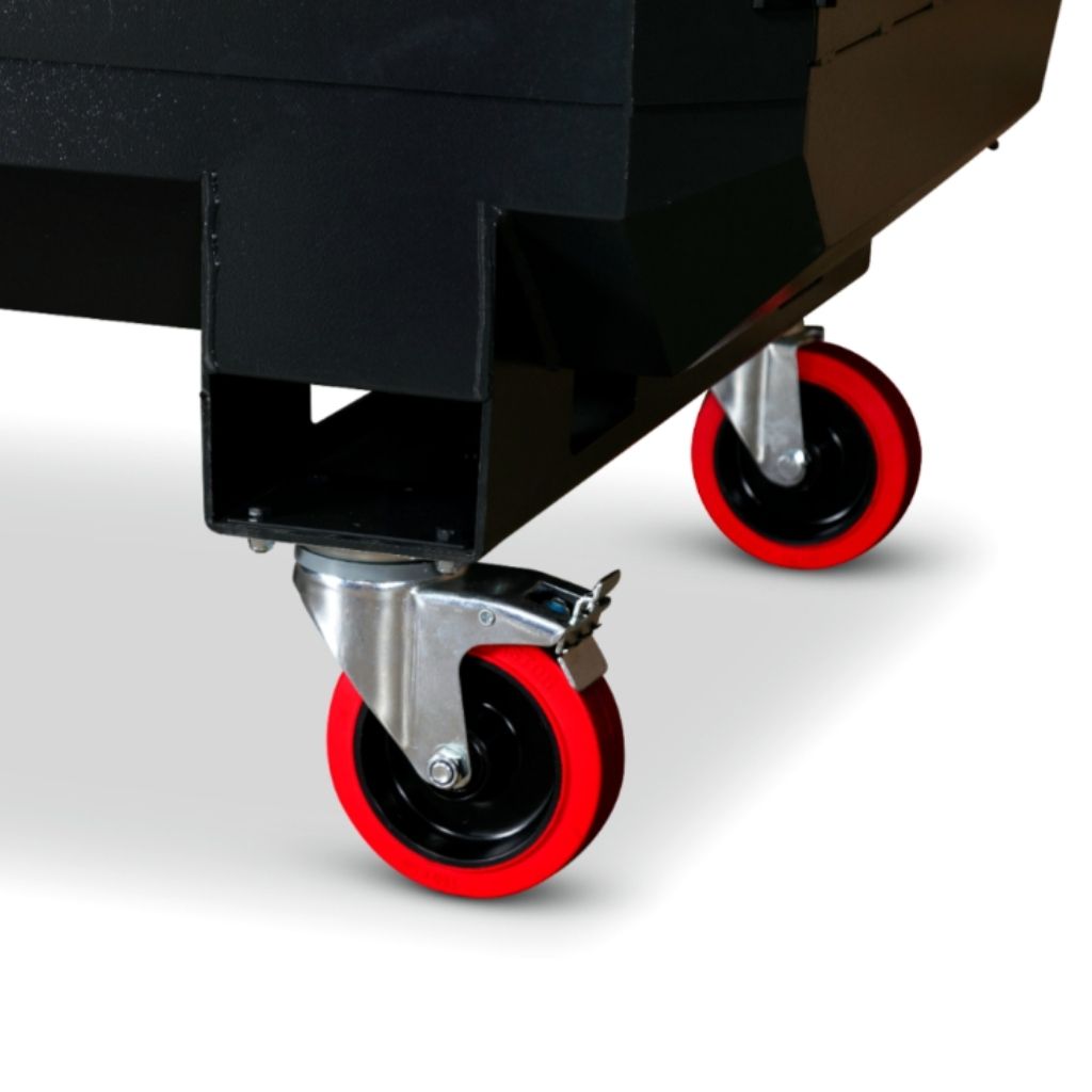 Close-up of black wheels with red rims on an armorgard sitestation on a white background