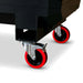 Close-up of black wheels with red rims on an armorgard sitestation on a white background