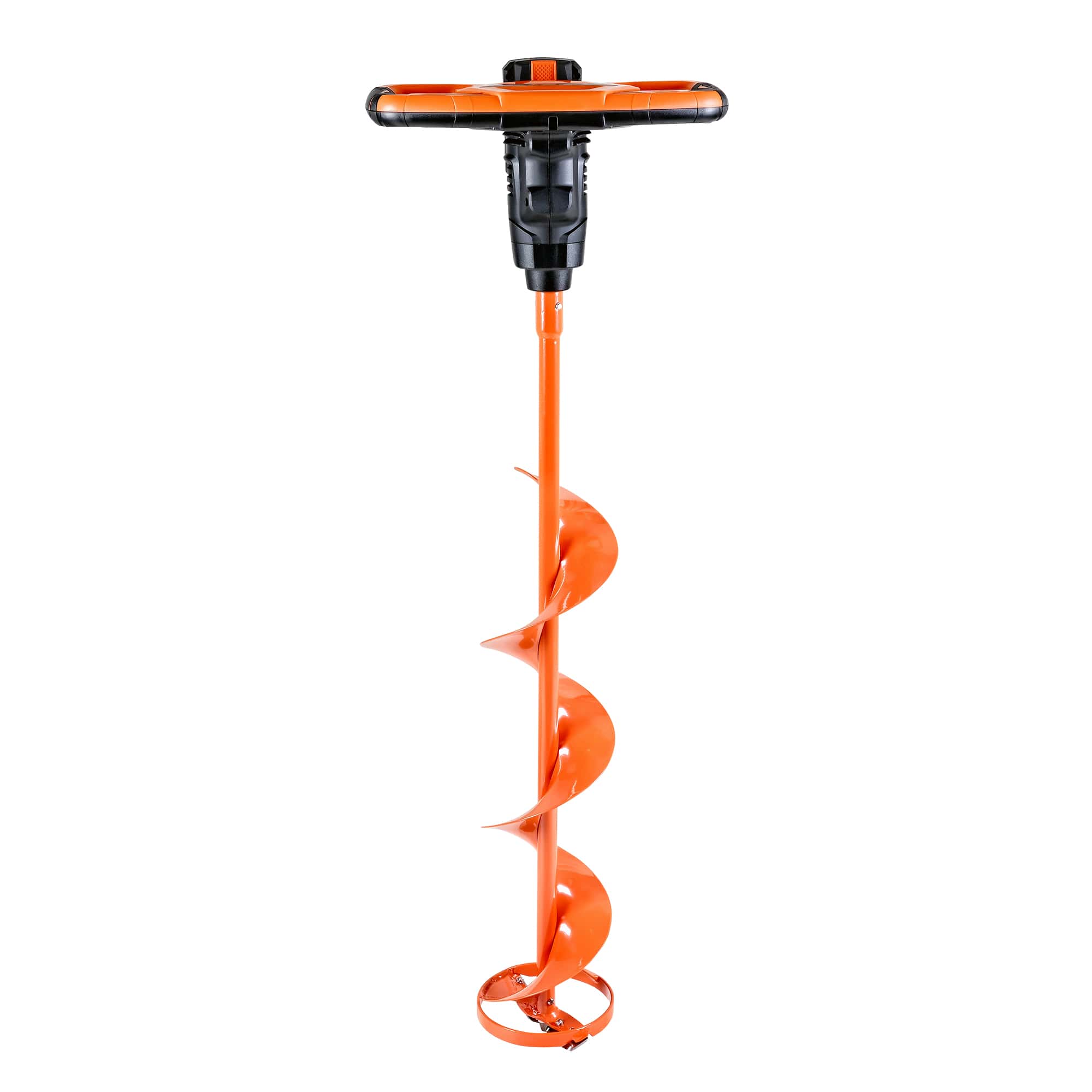 Orange and black Battery ice auger on a white background Standing upright with a superhandy logo