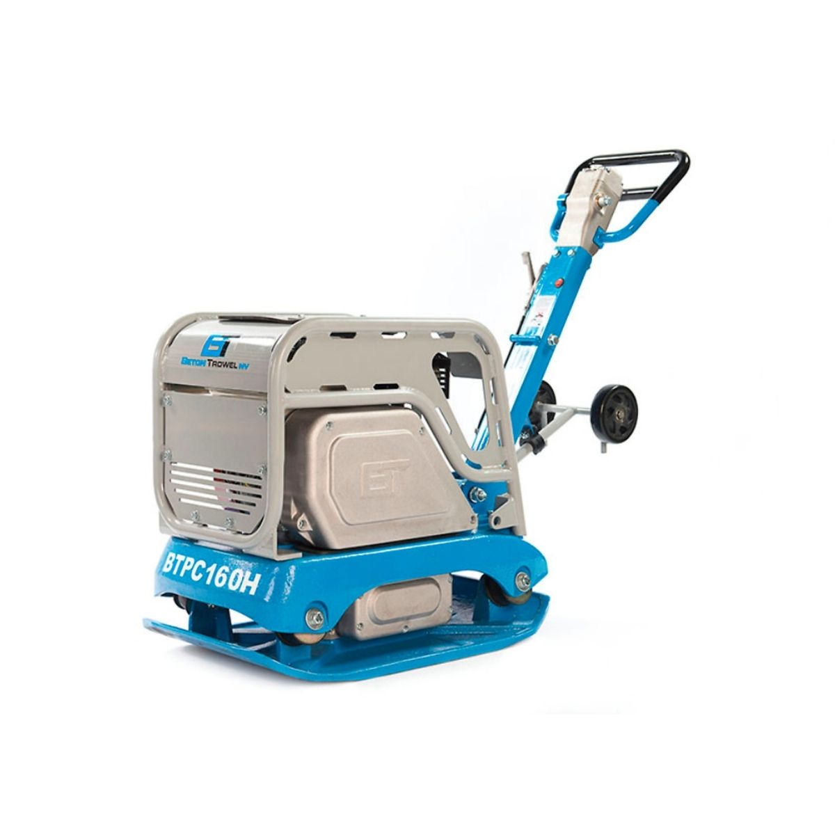 Blue and silver Beton Trowel 17 in Reversible Plate Compactor on a white background