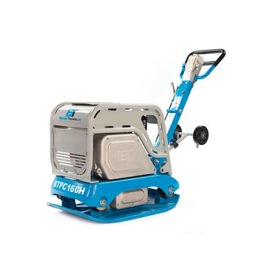 Blue and silver Beton Trowel 17 in Reversible Plate Compactor on a white background