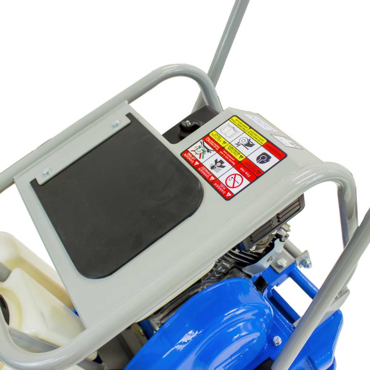 Close-up of a Blue and white BT plate compactor 20 inch  BTPC95H with a control panel and warning label on a white background