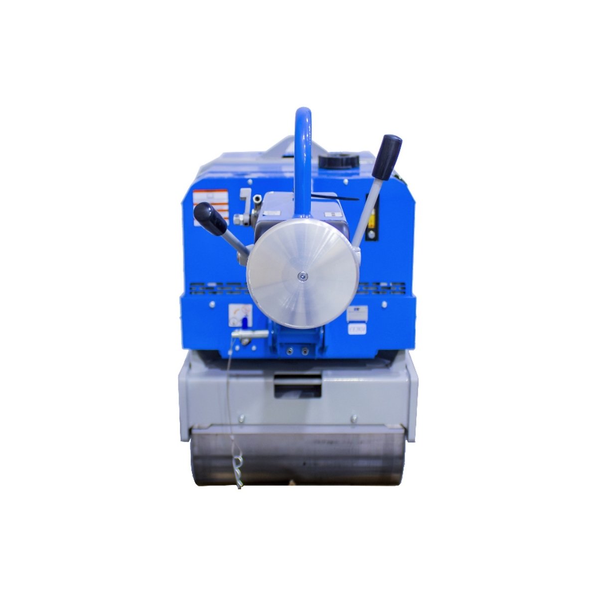 Blue and silver BT 28 in vibratory roller on a white background