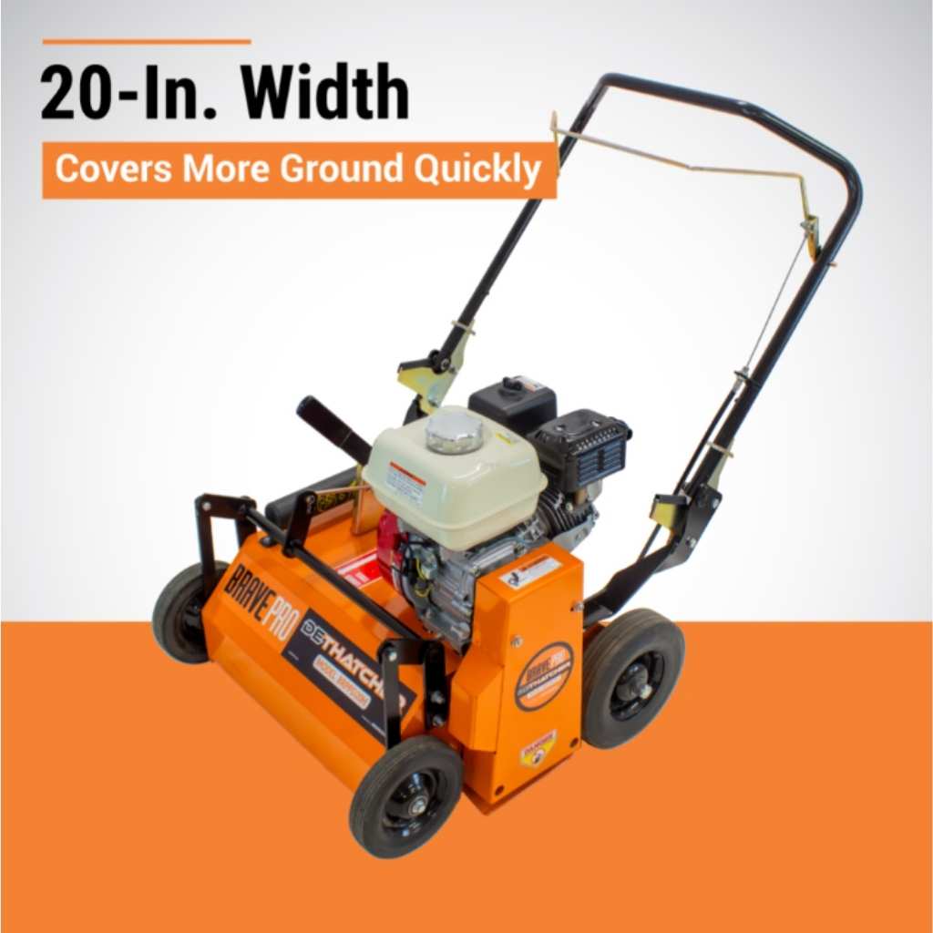 Orange brave power rake dethatcher with text highlighting its width and efficiency on a gradient background
