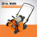 Orange brave power rake dethatcher with text highlighting its width and efficiency on a gradient background