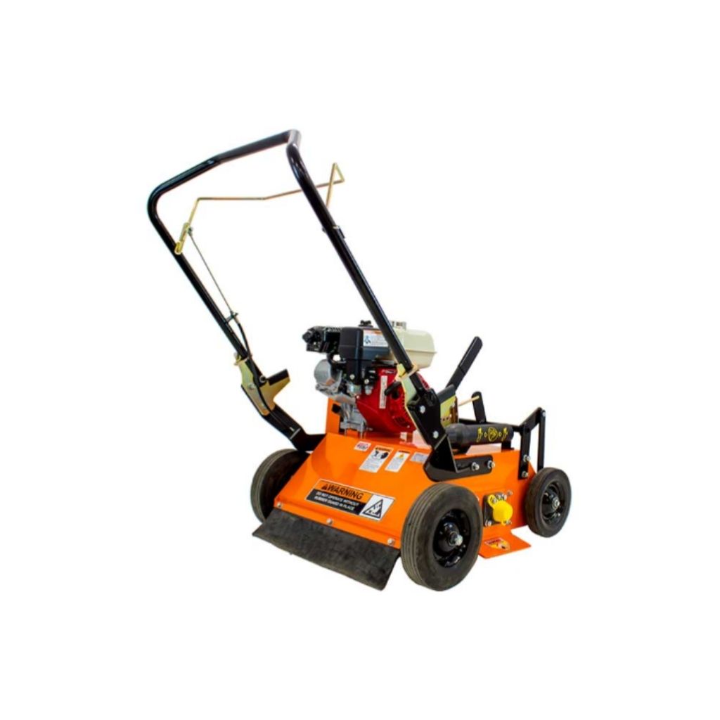 Orange bravepro power rake dethatcher with black handle on a white background