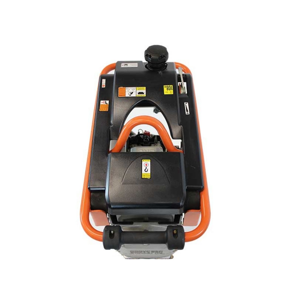 Back view of a black and orange Brave Tamping Rammer 3600 lb on a white background