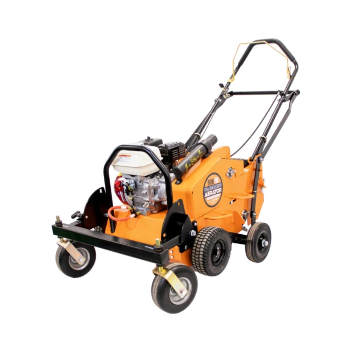 Orange and black Brave walk Behind aerator on a white background