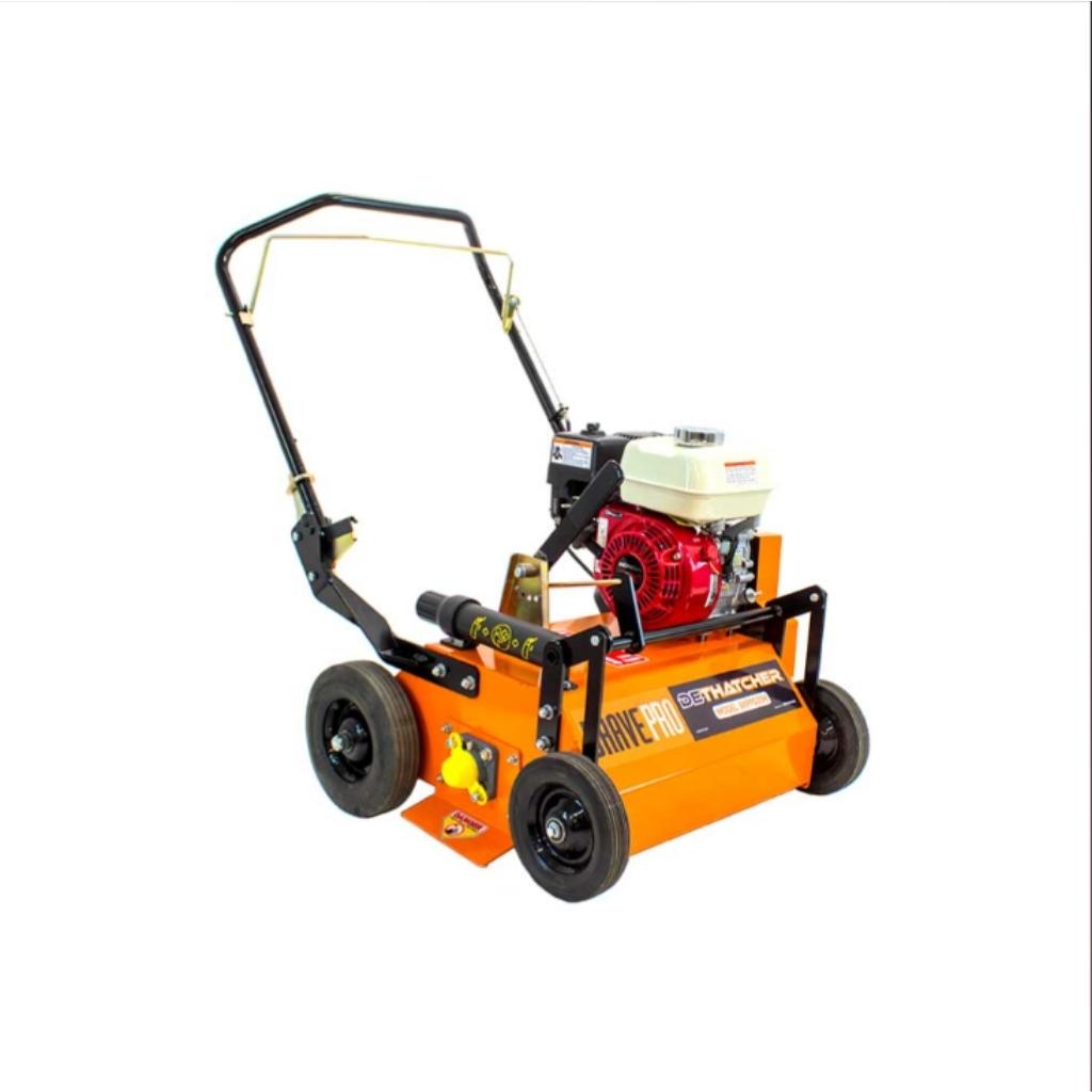 Orange BravePro Power Rake Dethatcher with a red engine on a white background