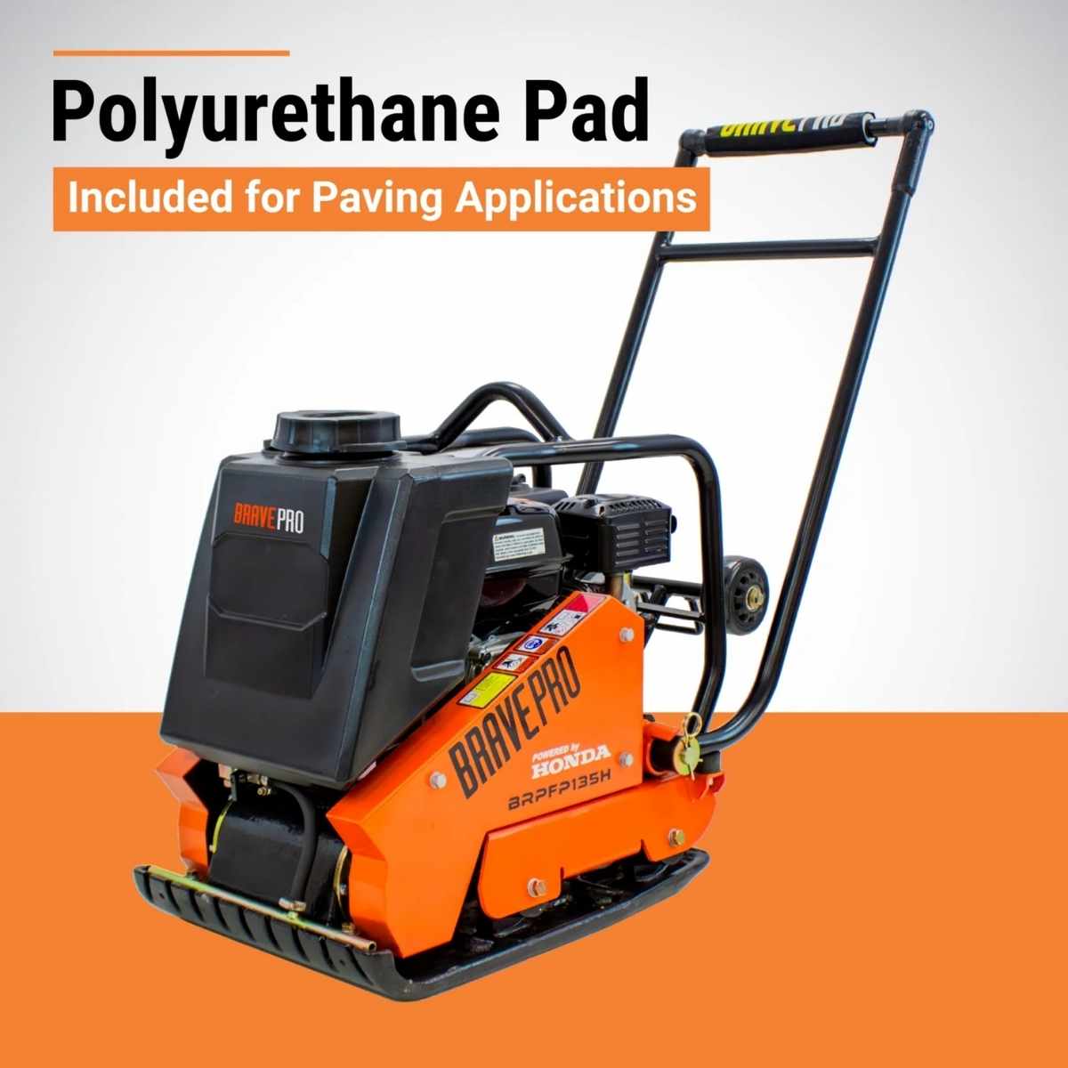 Orange brave plate compactor BRPFP135H with 'Brave Pro' branding on a white and orange background