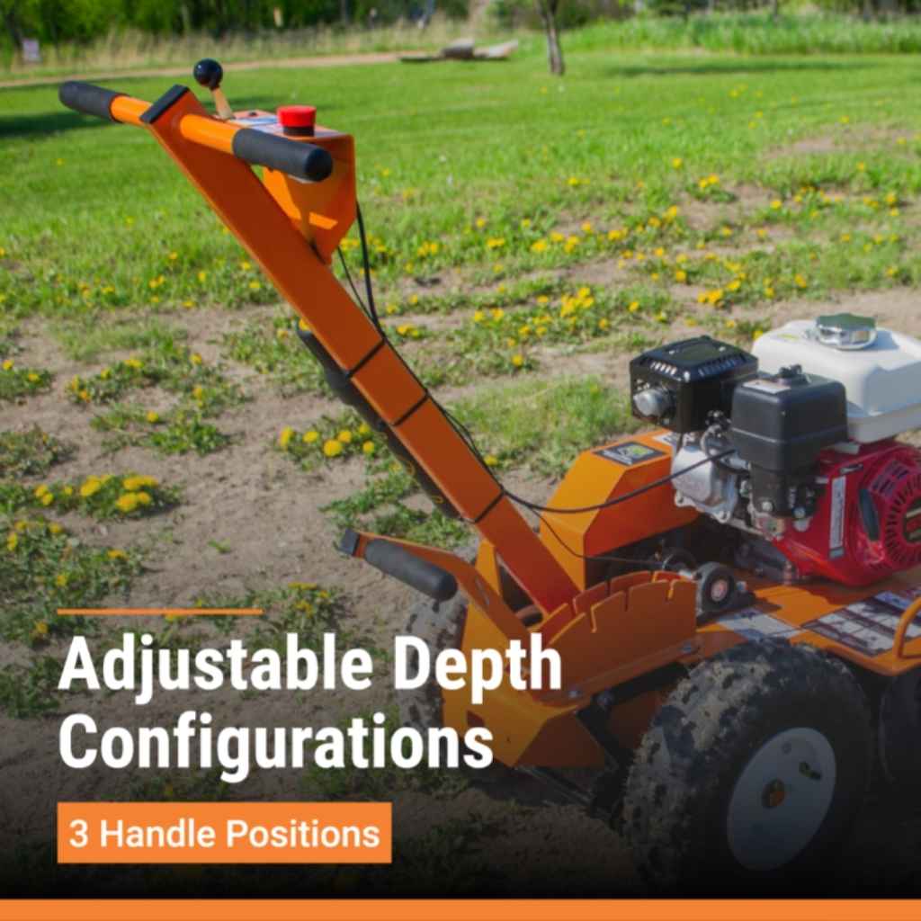 Orange brave pro 18 inch trencher on a grassy field with text about adjustable depth configurations.