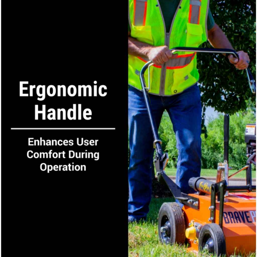 Person using a Brave Dethatcher with an ergonomic handle, set against a natural background.