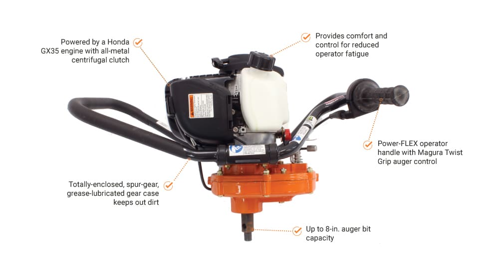 Brave one man auger with features highlighted on a white background