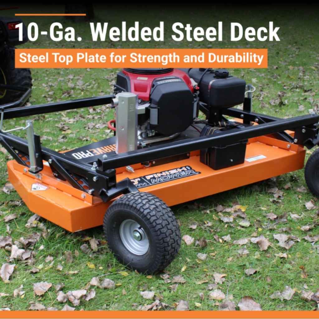 Orange brave finish cut 60 inch tow behind mower with text highlighting steel deck and top plate on grass