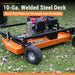 Orange brave finish cut 60 inch tow behind mower with text highlighting steel deck and top plate on grass