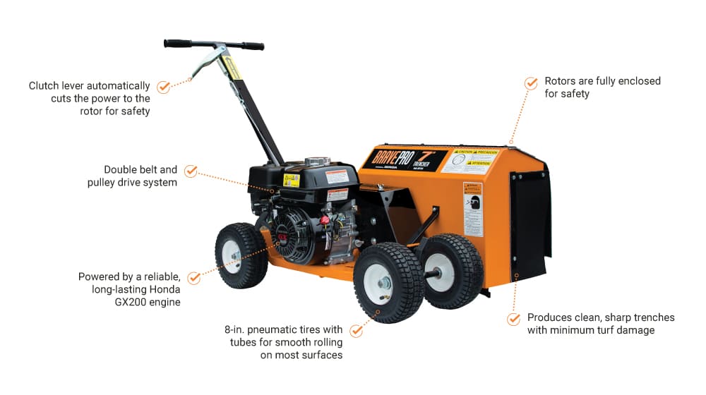 Bravepro 7 inch mini trencher with features highlighted on a white background
