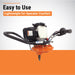 Engine or motor unit to a Brave Pro One Man 4 stroke auger with text 'Easy to Use' and 'Lightweight for Operator Comfort' on a white and orange background.