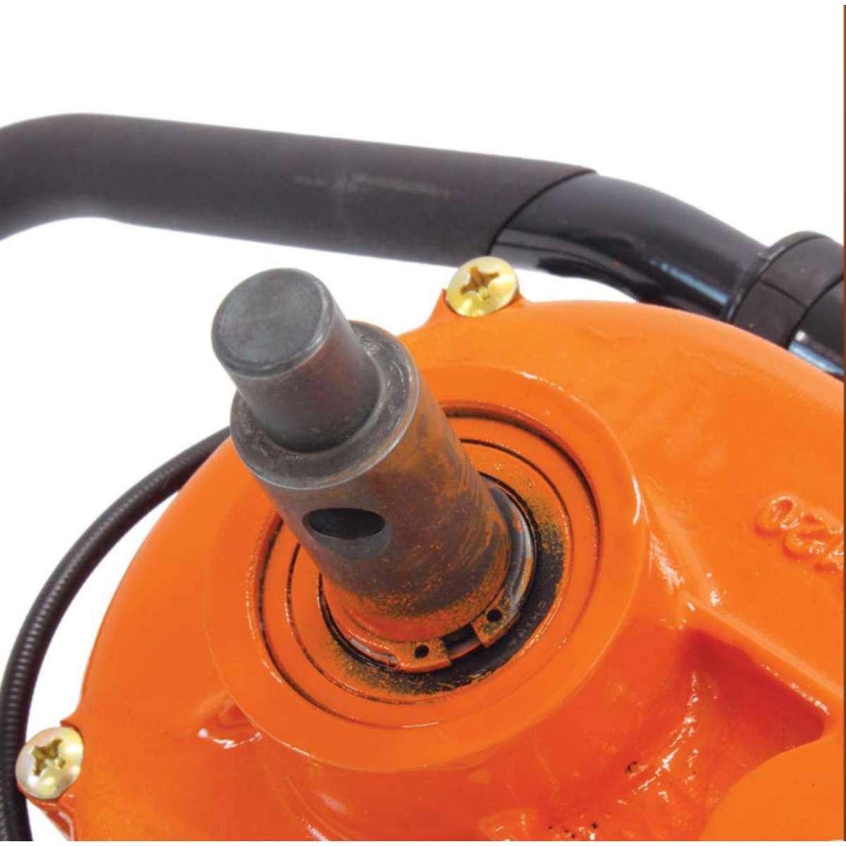 Close-up of an orange Brave 4 stroke One Man auger with a black handle on a white background