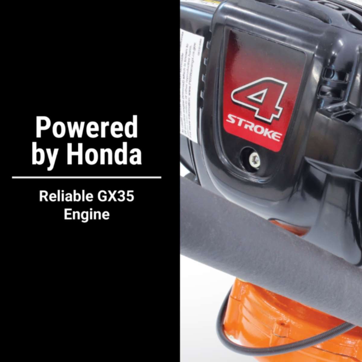 Close-up of a Brave Pro One Man Auger with a Honda GX35 engine with 'Powered by Honda' text on a black background.