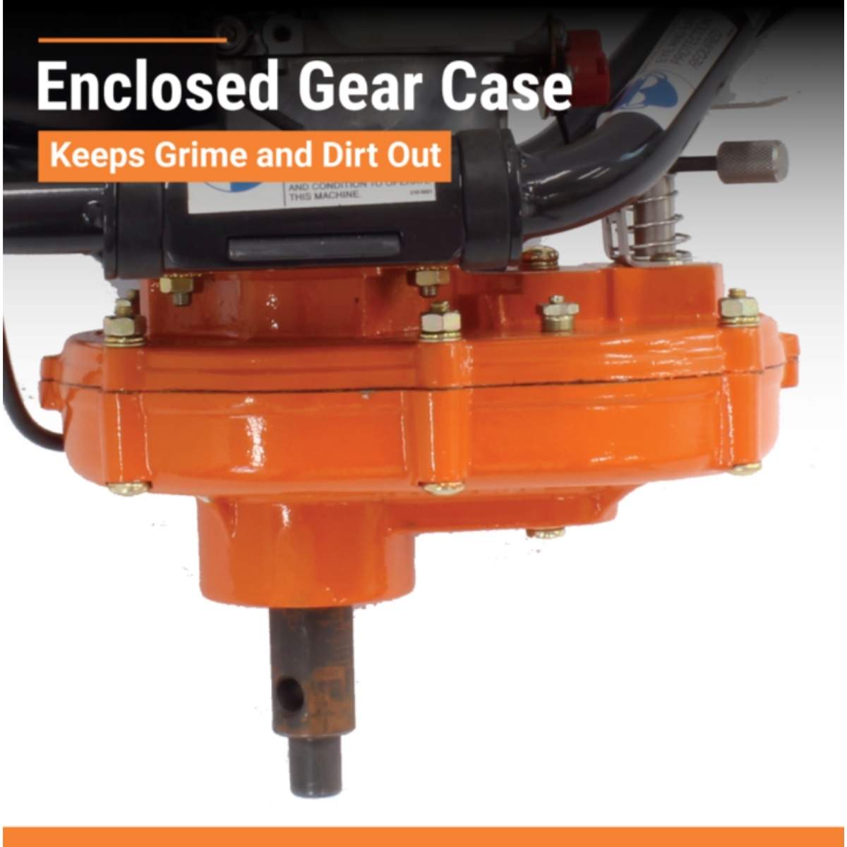 Orange enclosed gear case For a Brave One Man 4 stroke auger with text highlighting its feature of keeping grime and dirt out.