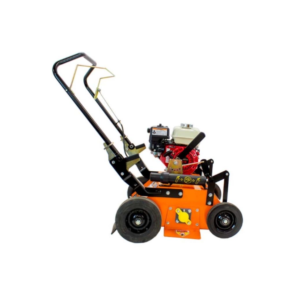 Orange and black Brave power rake dethatcher on a white background
