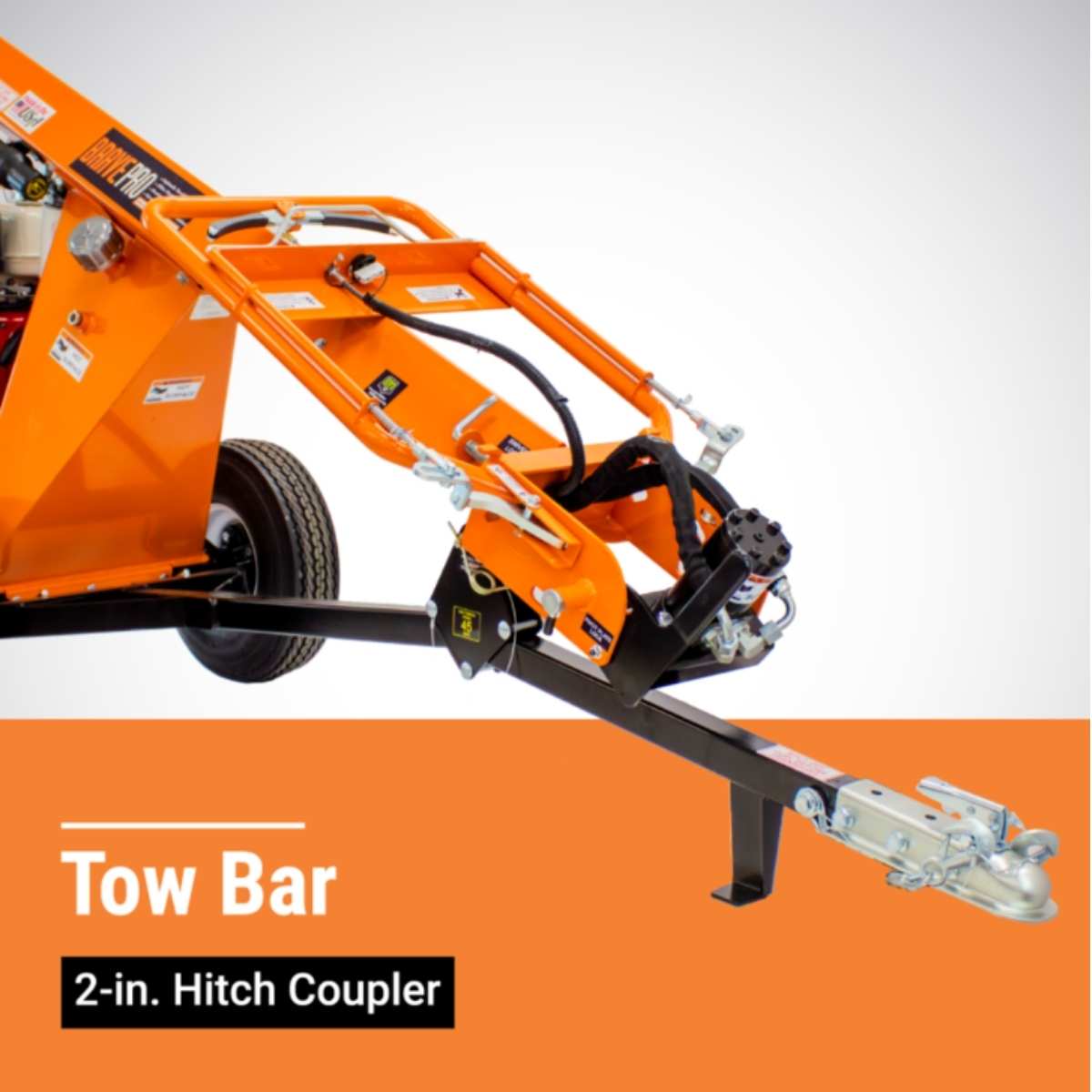 Orange Brave pro Towable hydraulic Auger close up of tow bar with 2-in. hitch coupler on a white background