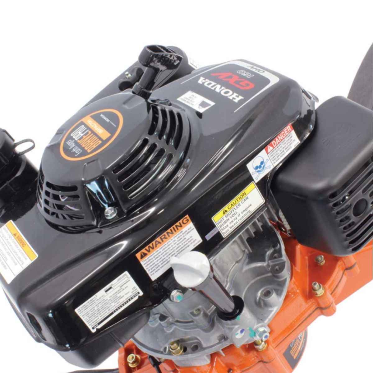 Close-up of a Brave two man earth auger 7/8 inch engine with 'Ryobi' branding on a white background