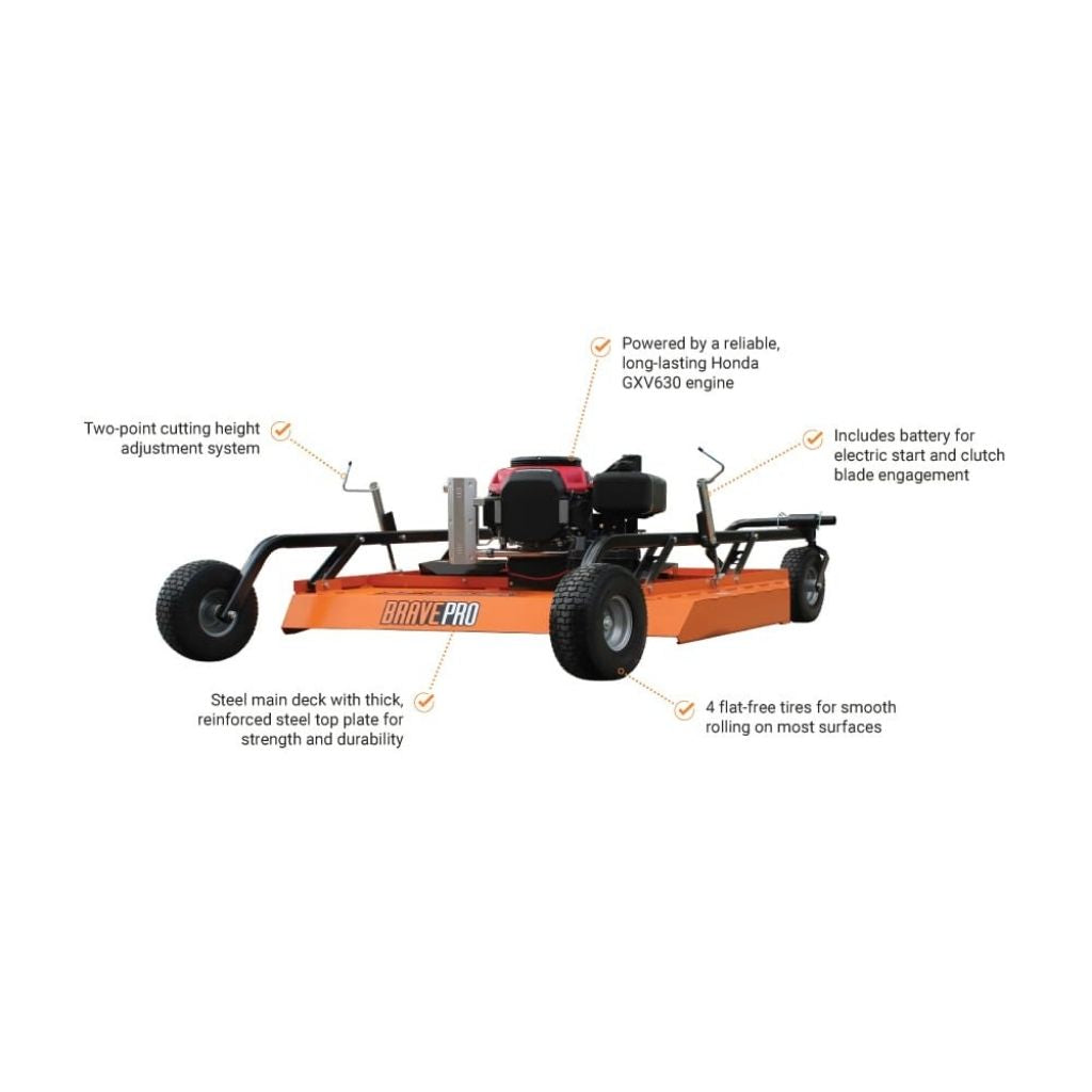 brave rough cut tow behind mower with features highlighted on a white background