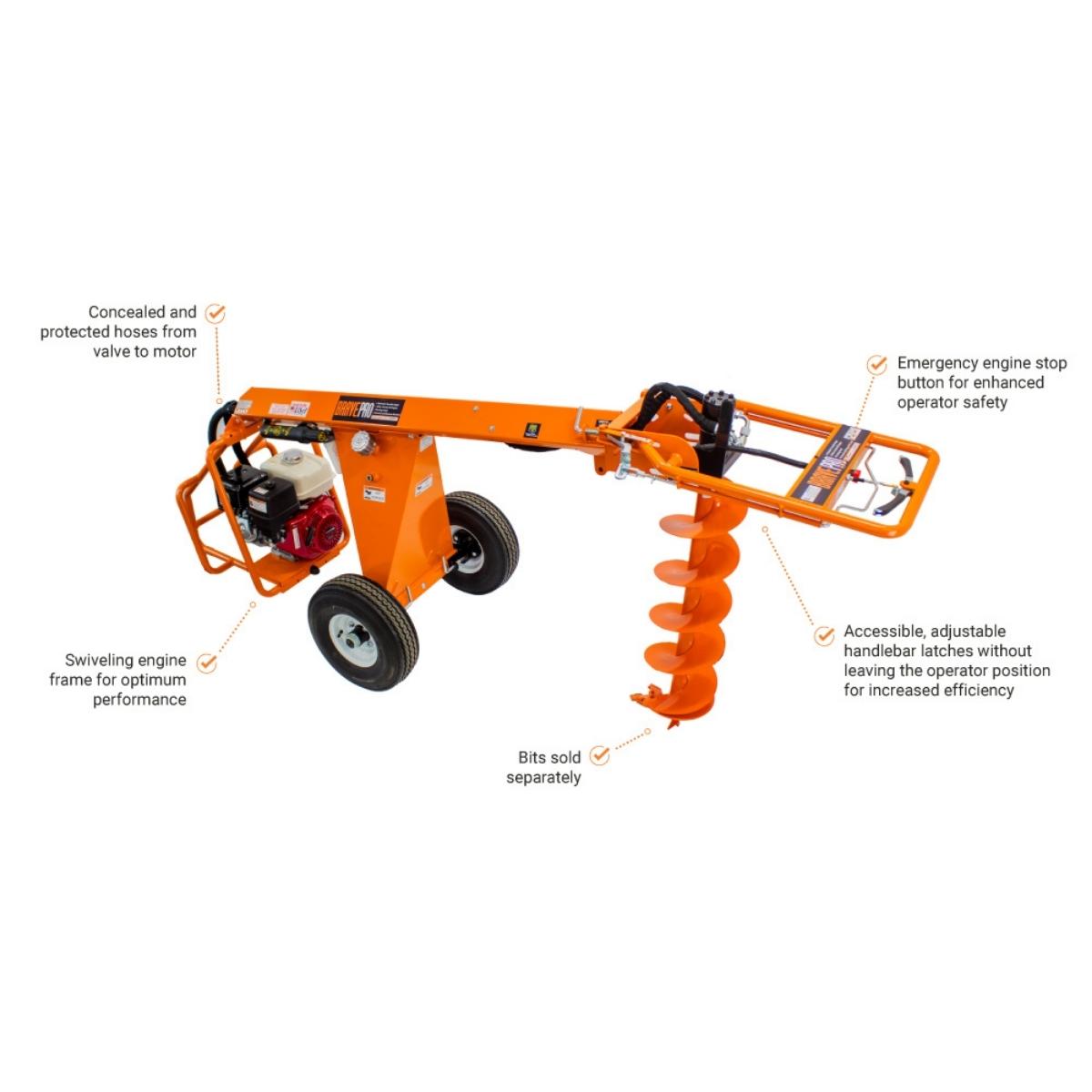 Orange Brave Hydraulic Auger BRPA385H with features highlighted on a white background