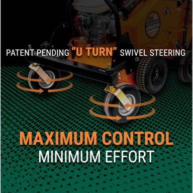 Bravepro walk behind aerator with 'U Turn' swivel steering feature on a green grid background