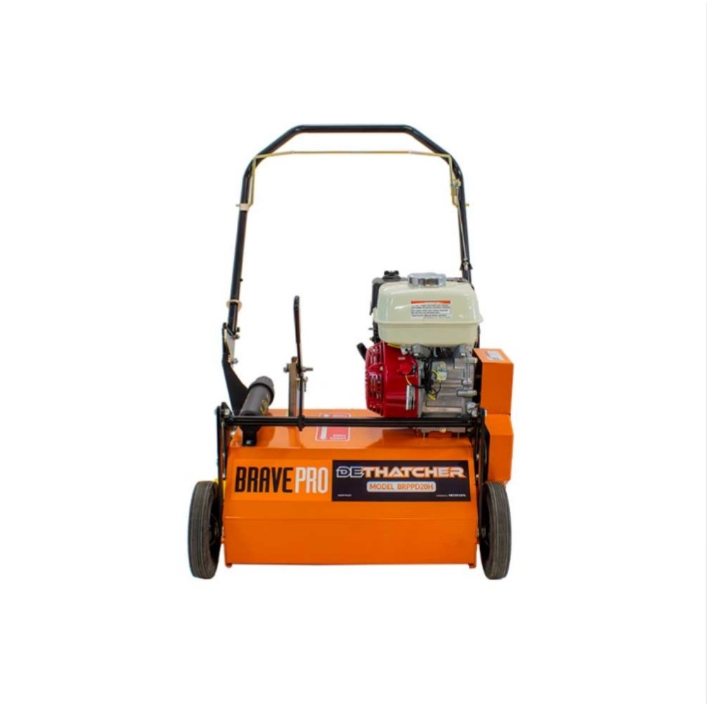 Orange Brave power rake dethatcher with 'Brave Pro' branding on a white background