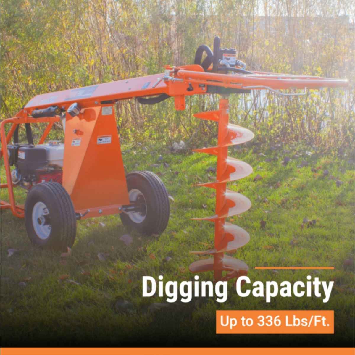 Orange Bravepro hydraulic Towable Auger with a large drill bit on a grassy area, with text indicating digging capacity.