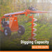Orange Bravepro hydraulic Towable Auger with a large drill bit on a grassy area, with text indicating digging capacity.