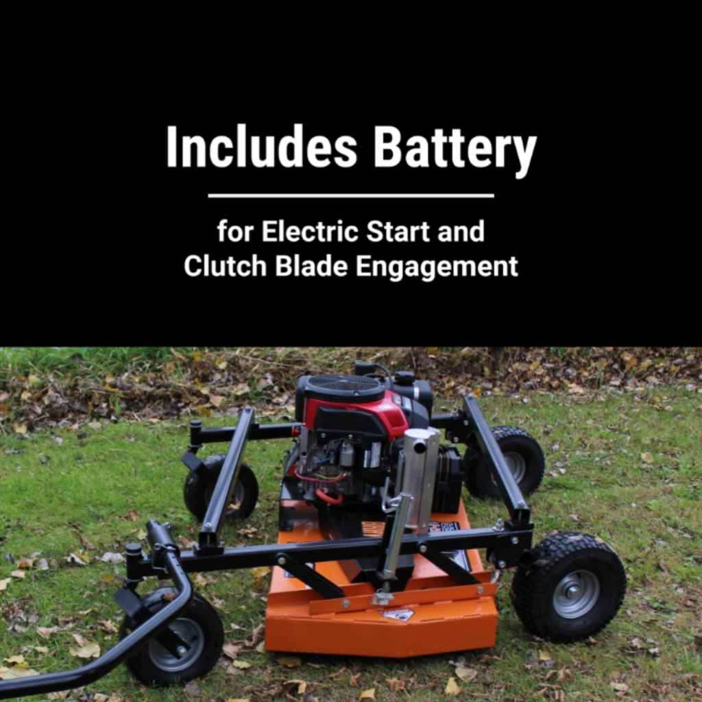 BravePro 60 inch finish cut tow behind mower with battery for electric start and clutch blade engagement on grass.