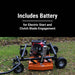 BravePro 60 inch finish cut tow behind mower with battery for electric start and clutch blade engagement on grass.