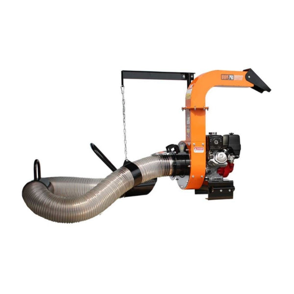 Orange and black Brave pro truck loader with a hose on a white background