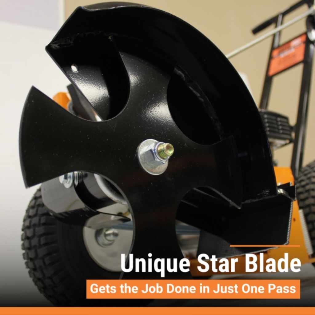 Close-up of a brave star blade lawn edger  unique star blade with text on a blurred background